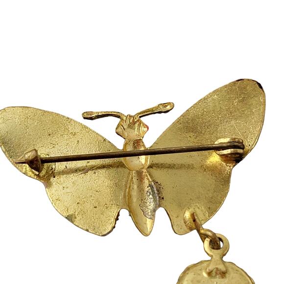 Vintage Butterfly Brooch Pin with Religious Dangling Medallion Charm 1.5" RARE - Picture 9 of 13